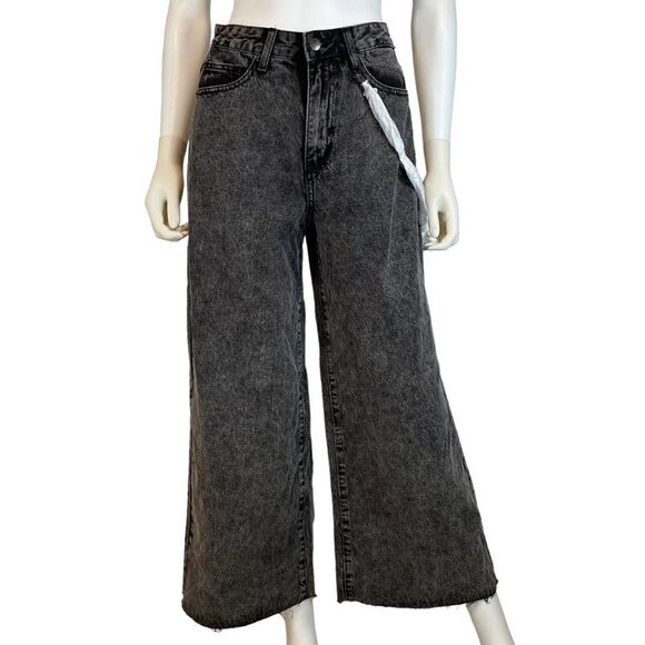 NWT American Bazi Y2K Wide Leg Cropped Denim Jeans Black Small - Picture 1 of 14